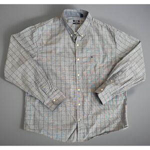 Izod Long Sleeve Button Down Shirt Blue Checkered Embroidered Logo Slim XXL JBHS